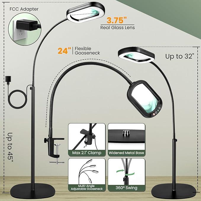 10X Rectangular Magnifying Glass with Light and Stand, 24" Flexible Gooseneck Floor Lamp, 3-in-1 LED 5 Color Modes, Brightness Stepless Dimmable Lighted Magnifier Hands Free for Craft, Hobby, Reading (Black)