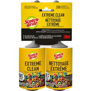 ScotchBrite Extreme Clean Lint Roller, 50% Stickier*, Heavy Duty for Removing Debris and Pet Hair on Clothes, Furniture, Cars, Offices & More, 2 Pack, 200 Adhesive Sheets Total