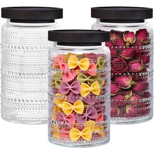 Glass Jars 32oz with Wood Lids 3 Pack, Glass Canisters Glass Jars Food Storage Containers for Candy, Oats, Coffee, Flour, Tea, Flour, Decorative Jars for Kitchen & Pantry