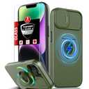 FRLMOOES for iPhone 13 Case/for iPhone 14 Case Magnetic Compatible with MagSafe Wireless Charging, with 2 Screen Protectors, with Kickstand Ring+Camera Cover Shock-Absorbent Heavy Duty Protection Green
