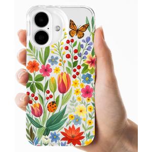 Compatible with iPhone 16 pro Clear Case, Trendy Cute Floral Flowers Slim Anti-Yellowing TPU Shockproof Aesthetic Protective Phone Case Cover for Women Girls 6.1",in The Garden