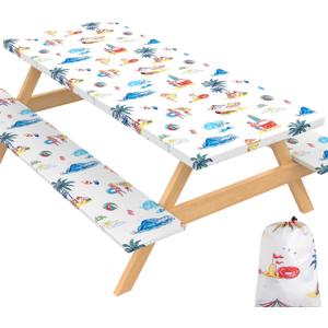 72 X 30 Inch Elastic Fitted Camping Table Cover with Bench Covers & Storage Bag, Picnic, Fits 6ft Picnic Tables, Polyester, Washable, Spill Resistant, Waterproof - White Beach