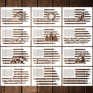 2 x 12 Pcs American Flag Stencils, We The People Flag Stencil Sunflower Eagle Mountain Bear Deer 1776 American Flag Templates for Painting on Wood Walls Fabric (Medium)