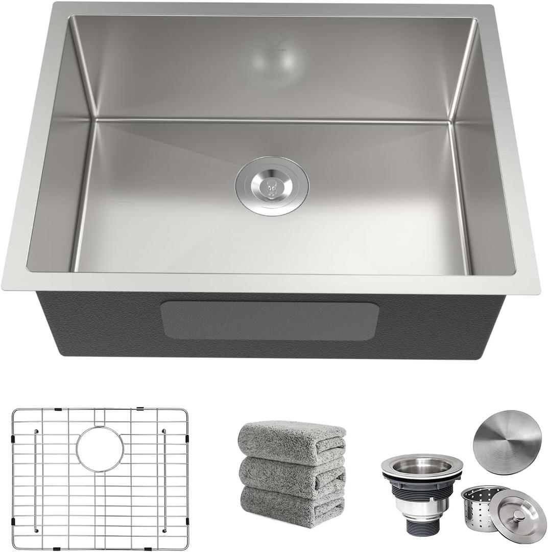 Kitchen Sink 24x18 Inch Undermount Kitchen Sink 16 Gauge Stainless Steel Sinks Single Bowl with Accessories Round Corners Handmade