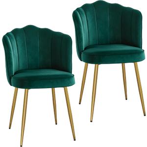 VECELO Velvet Dining Chairs Set of 2, Modern Upholstered Kitchen Chairs with Thick Cushions, Curved Padded Backrest and Metal Legs, for Kitchen, Dining Room, Living Room, Green
