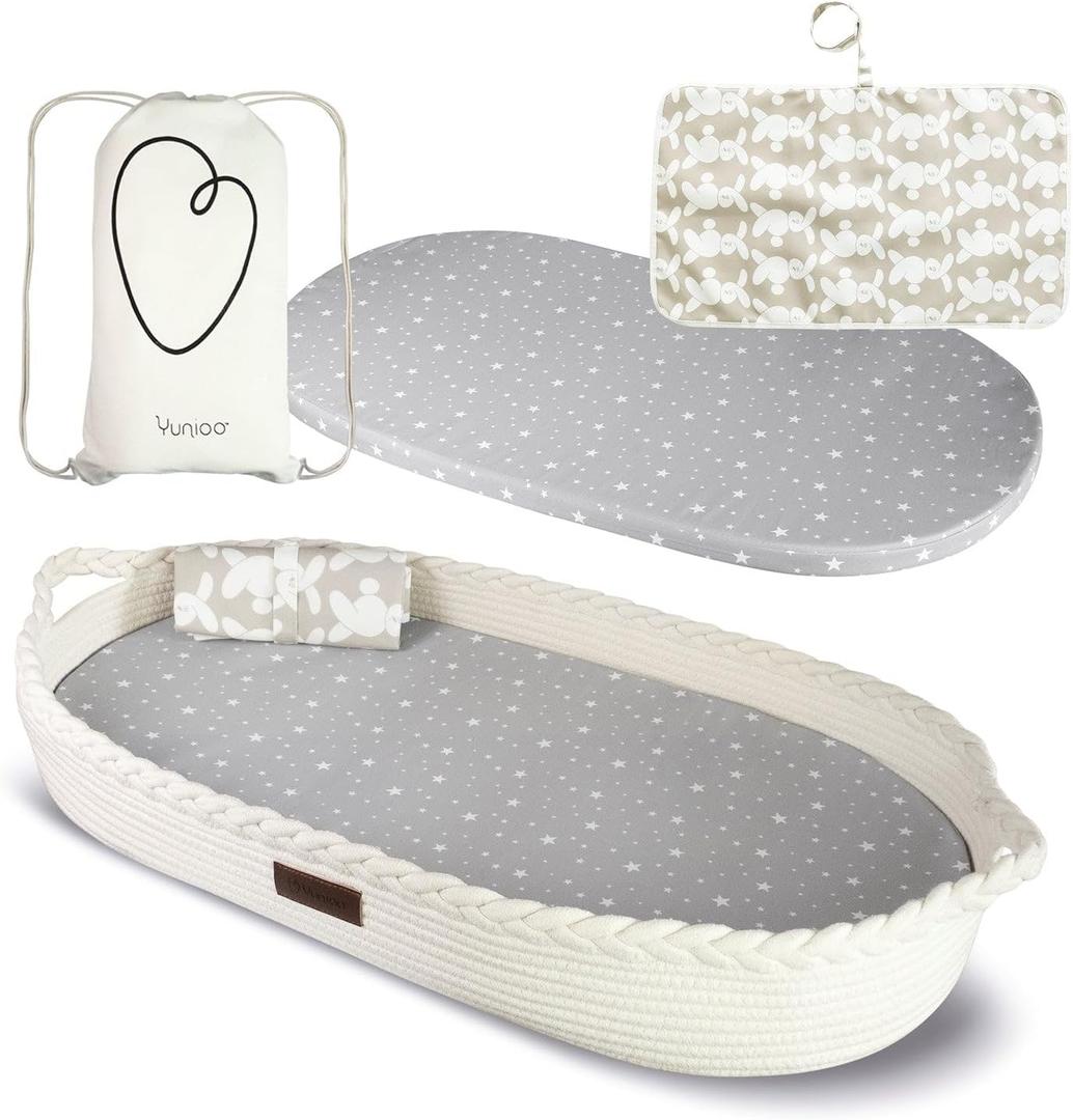 XL Reinforced Baby Changing Basket with Extra Travel Diaper pad, Foldable Baby Changing Pad with Water Repellent Cover, Cotton Rope Baby Basket, Changing Table Topper for Dresser (White)