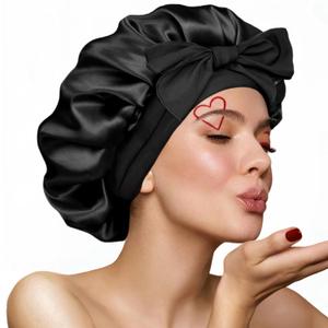 Silk Bonnet for Sleeping Women, Ajustable Hair Bonnet for Curly Hair with Tie Band Shower Caps BlackLarge