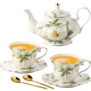 TATSUMI Country Roses Porcelain Tea Set, European Ceramic tea set for one or two,Vintage Style, For Women and Tea Parties (Green, 7 Pieces Set)