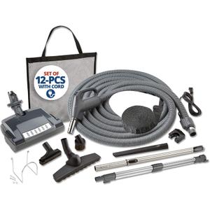 Central Vac Electric Pigtail Deluxe Attachment Set for Cleaning Carpets, Hardwood Floors, Furniture & Draperies - 30FT Crushproof Hose, Twist & Turn Brush, Deluxe Electric Brush, Wands & Storage Bag