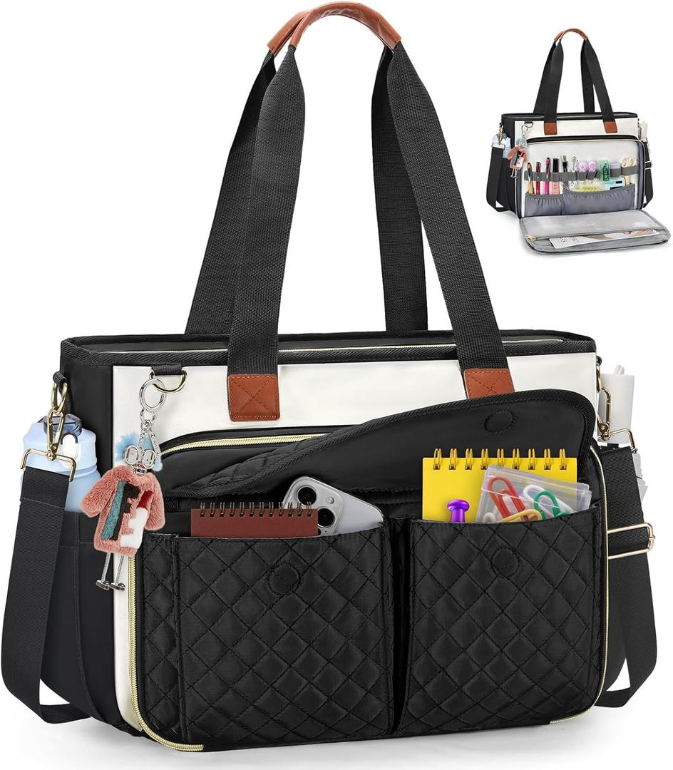 RAINSMORE Teacher Tote Bag for Women Work Bags 15.6 Inch Laptop Tote Bag with Large Cup Holder Nurse Bag Computer Handbag (Black and White)