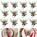 FRAMICS 12 Pieces Christmas Napkin Rings, Snowy Pine Cone Napkin Ring with Red Berry, Berry Napkin Holder Buckle for for Christmas Wedding Dinner Table Gathering Decor (Set of 12)