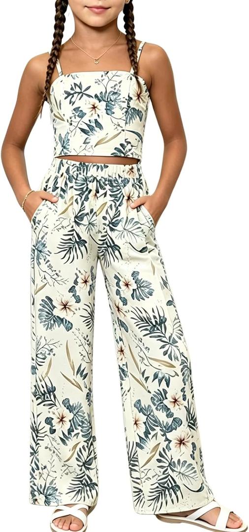Ayzozuy Girls Floral 2 Piece Outfits Spaghetti Strap Cami Top and Wide Leg Pants Set for 8-9 Years