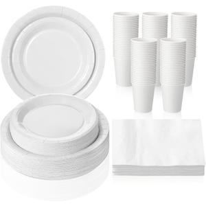 Tioncy 200 Pcs Disposable Paper Plates Cups and Napkins Christmas Party Supplies Serve 50 Guests Disposable Paper Dinnerware Set for Birthday Wedding Baby Shower Family Picnic(Sand White)