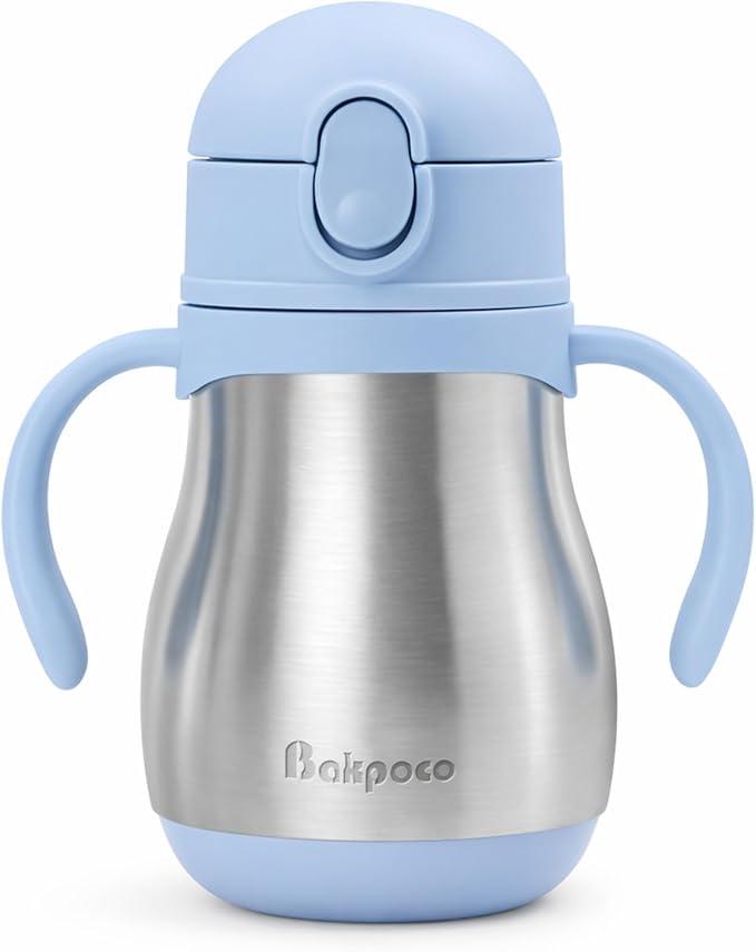 Bakpoco Stainless Steel Straw Sippy Cup for Toddlers 1-3 Years Old, Insulated Toddler Water Bottle Baby Training Tumbler with Handles, 8oz Kids Straw Cups for Travel, Daycare & At Home, Blue