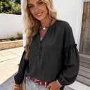 Womens V Neck Button Down Tops Puff Long Sleeve Tunic Blouse Dressy Loose Fit Basic T Shirt Business Casual Work Tops (L)
