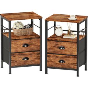 Furologee Night Stand Set of 2, Nightstand with 2 Fabric Drawers, Bed Side Table with Open Shelf, Wooden Top, Hooks, Backboard Design, End Table for Bedroom, Study, Hallway, Brown