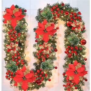 Christmas Garland,Christmas Garland with Lights Battery Operated,9 ft Rattan Artificial Flower Vine Plants Xmas Decorations for Indoor Outdoor Home Mantel Fireplace Stairs