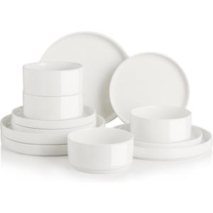 Sweejar Porcelain Dinnerware Sets for 4, 12 Pieces Ceramic Plates and Bowls Set, Classic Modern Simple Kitchen Dinner Dining Ware Set, Dishwasher and Microwave Safe Dishes Sets(Pure White)
