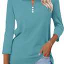 Womens Tops 3/4 Sleeve Polo Shirts Business Casual V Neck Collared Shirts Basic Tees Blouse, XL