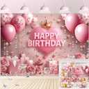 Pink Happy Birthday Backdrop Rose Gold Floral Heart Crown Balloon Elegant Photography Background Girls Princess Women Birthday Baby Shower Party Decor Banner Photo Supplies (7x5FT)