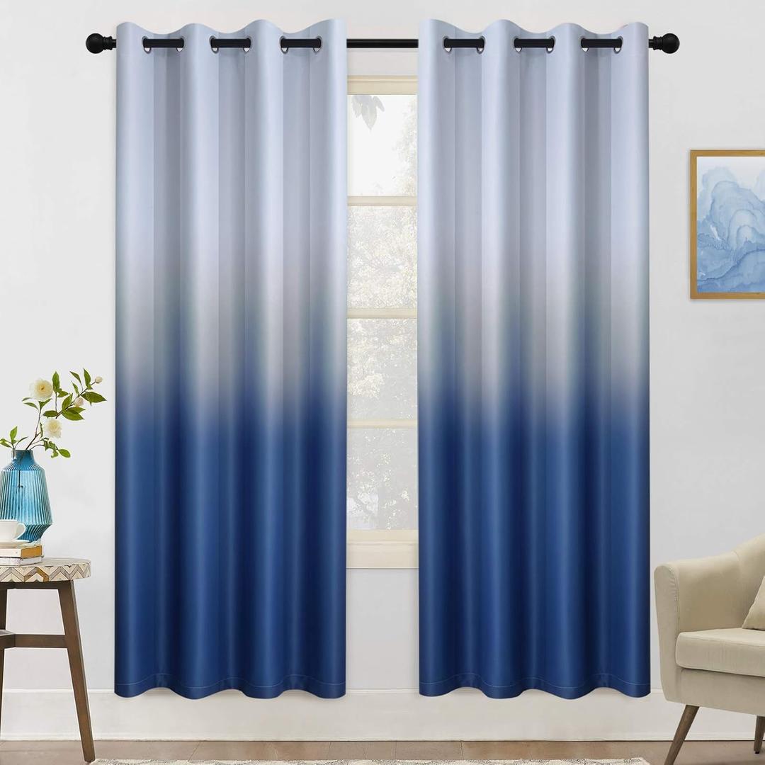COSVIYA Grommet Ombre Room Darkening Curtains 72 inch Length 2 Panels, Gradient Drapes Blue and Grayish White Light Blocking Insulated Thermal Window Curtains for Bedroom/Living Room,52x72 inches