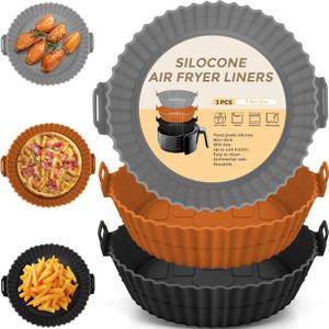 Buauty 3 Pack Air Fryer Silicone Liners 8inch Air Fryer Pot Reusable Food Grade Silicone Airfryer Liners Baking Basket Accessories Replacement of Flammable Disposable Parchment Paper (8" Round 3 Pack: Black+Grey+Brown)