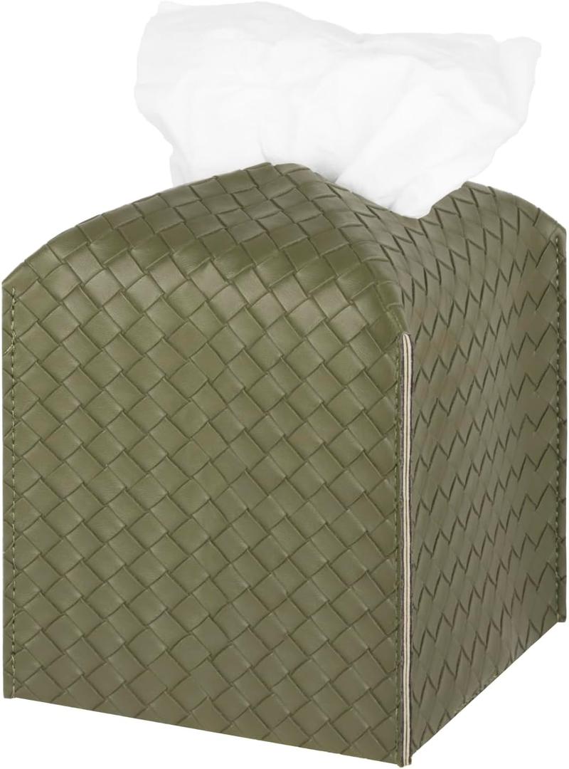 Tissue Box Cover PU Leather Tissue Holder Square Facial Tissue Case Facial Paper Organizer Dispenser for Bathroom, Vanity Countertop, Tabletop, Car, Olive Green