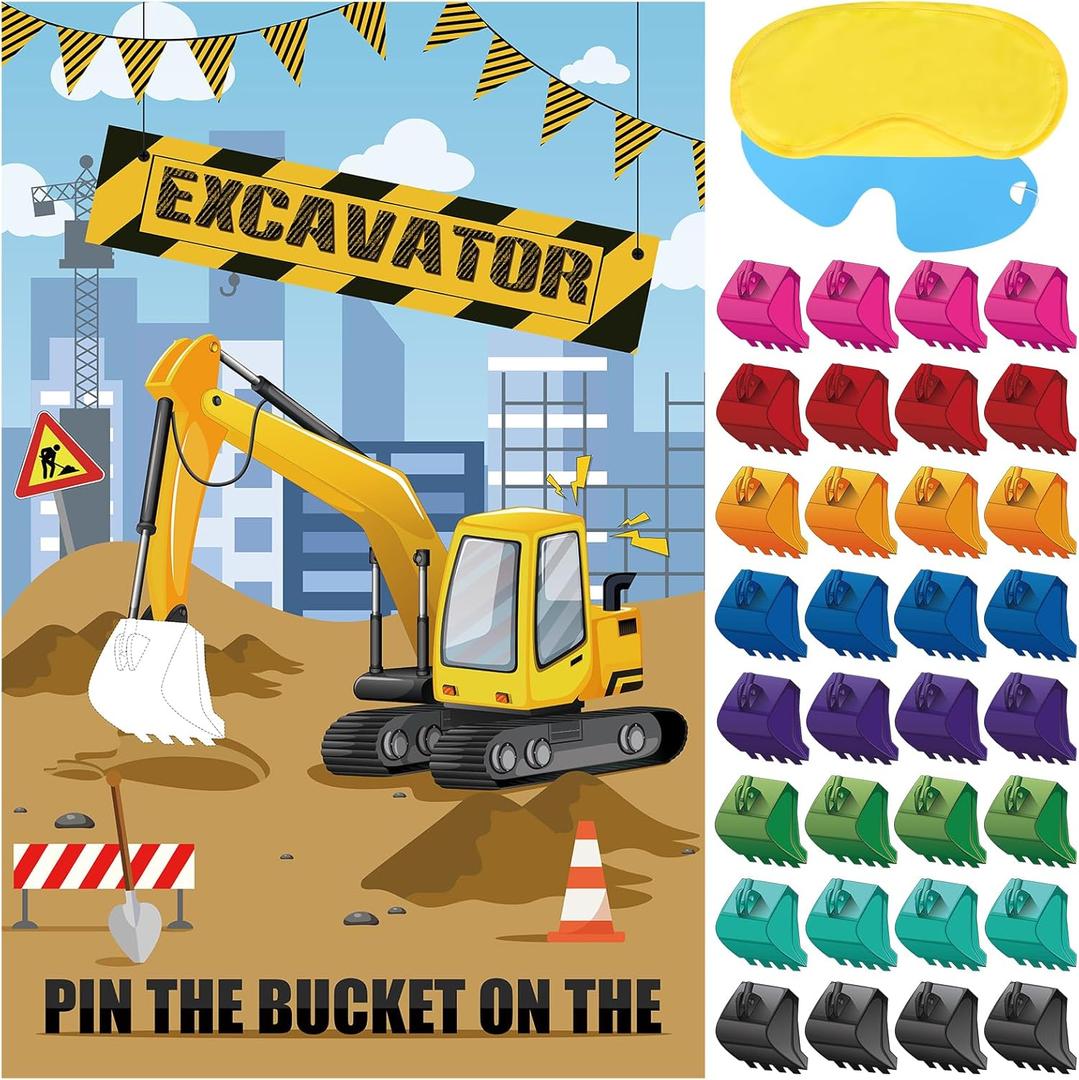 Hooqict Pin The Bucket on The Excavator Construction Party Games for Kids Birthday Pin the Games Construction Party Decorations Supplies, Large Excavator Poster with 32 Stickers