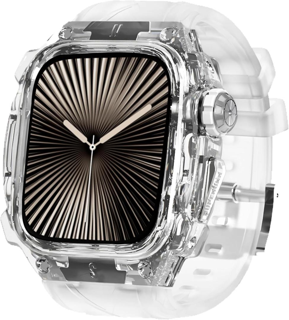 Luxury Translucent Smartwatch Case for Apple Watch Series 10 46mm, Fully wrapped lightweight rugged case with band, silicon strap, stainless steel buttons, protective cover for men/women (White)