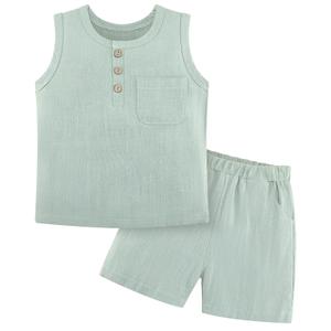 Weixinbuy Toddler Baby Boy Outfits Summer Clothes Set Cotton Linen Sleeveless Pocket T-Shirt Tops Shirt Shorts Outfit Set Light Green (Green)