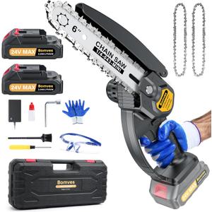 Bomves Cordless Mini Chainsaw, 6-INCH Electric Power Battery Powered 2Pcs 24V 2000MAH Rechargeable with Splash Guard for Wood Cutting Tree Trimming Gardening Camping, Black
