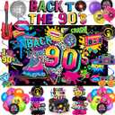 90s Party Decorations Includes 90's Backdrop, Foil & Latex Balloons, Cake & Cupcake Toppers, Honeycomb Centerpieces Banner, Hanging Swirls for 80s 90s Party Decorations