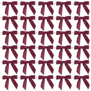 AIMUDI Burgundy Twist Tie Bows - 2.5" Pre Tied Maroon Bows - Premade Satin Gift Bows for Crafts, Wine, Treat Bags, Gift Wrapping, Wedding, Baby Shower, Party Favors, Christmas Tree Decor - 50 Counts