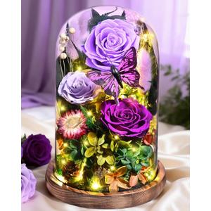 Yastouay Gifts for Mom Mothers Day Birthday Gifts for Women, Forever Rose Flowers for Delivery, Purple Preserved Roses Flowers in Glass Dome with Light Gift Box for Mom Her Women Wife Anniversary