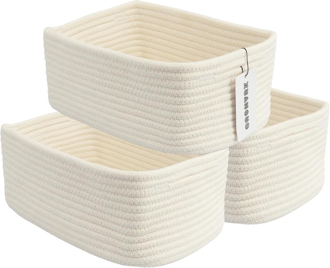 XUANGUO Small Woven Storage Baskets 12X8X5 Decorative Rope Bins for Organizing Shelves, Closets, and Toys, Empty Gift Baskets, Cute Organizer Basket for Home and Office (white, regular)