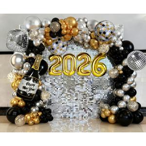 2026 New Year Eve Party Balloons Arch Garland Kit, Black Gold Silver Disco Ball Balloons for NYE 2026 Home Office School Party Photo Booth Backdrop Decorations