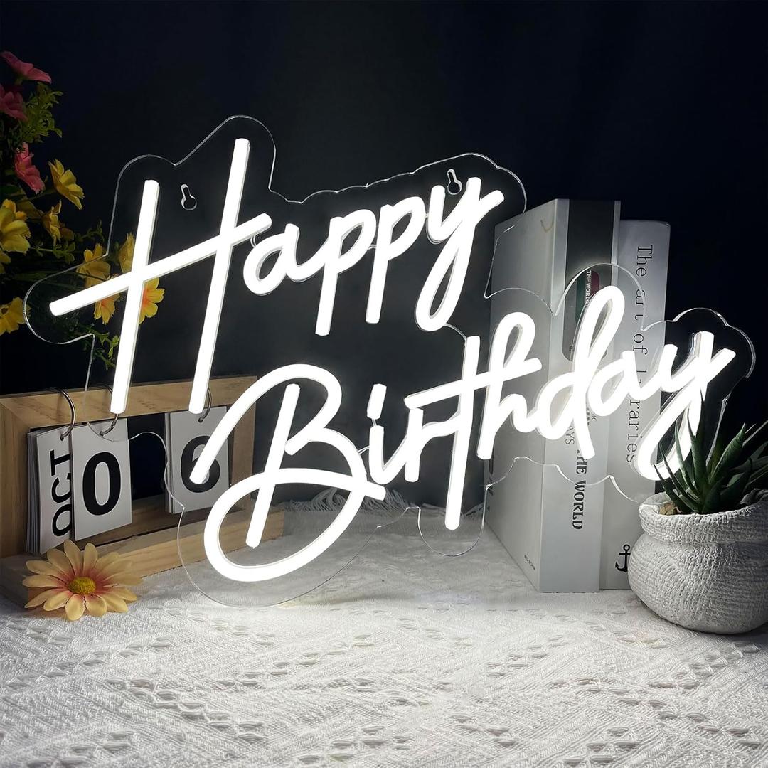 Happy Birthday Neon Sign for Wall Decor, 1712 Inch White Led Neon Light Signs, Art Decoration Happy Birthday Neon Light Sign for All Birthday Party Decoration with 2 Pcs Pasters