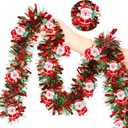 50FT Red Green Christmas Tinsel Garland with Santa Claus Ornaments, Metallic Twist Shiny Xmas Garland for Tree Decorations Fireplace Mantel Home Office Stair Party Outdoor Indoor Holiday Decor