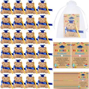 25 Set Preschool Graduation Bear Gift Bulk, Mini Grad Bear with Adjustable Star Bracelets Card Bags, 2026 Preschool PreK Graduation Gifts from Teacher for Kids Student Party Favor Decorations, Blue