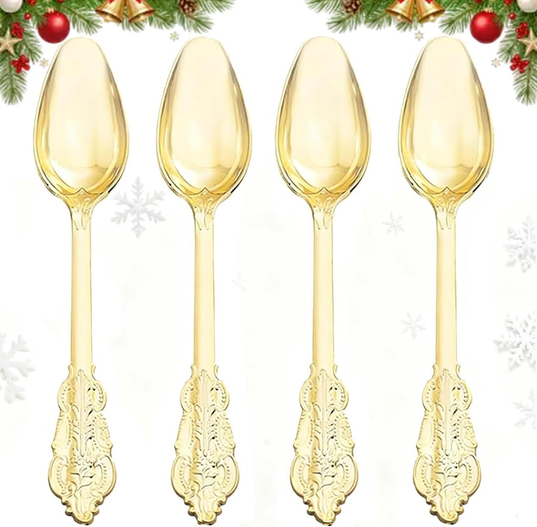 WDF 100 Piece Gold Plastic Spoons Disposable - 6.93 Inch Baroque Gold Spoons Plastic Silverware for Dessert Cake - Heavy Duty for Thanksgiving Party, Wedding or Daily Using