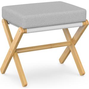 Foldable Foot Stool Ottoman, Modern Foot Rest with Bamboo X Legs & Thick Foam Cushion, Folding Foot Stools Small Padded for Bedroom Living Room, Footstool for Chair Couch (Natural - Grey)
