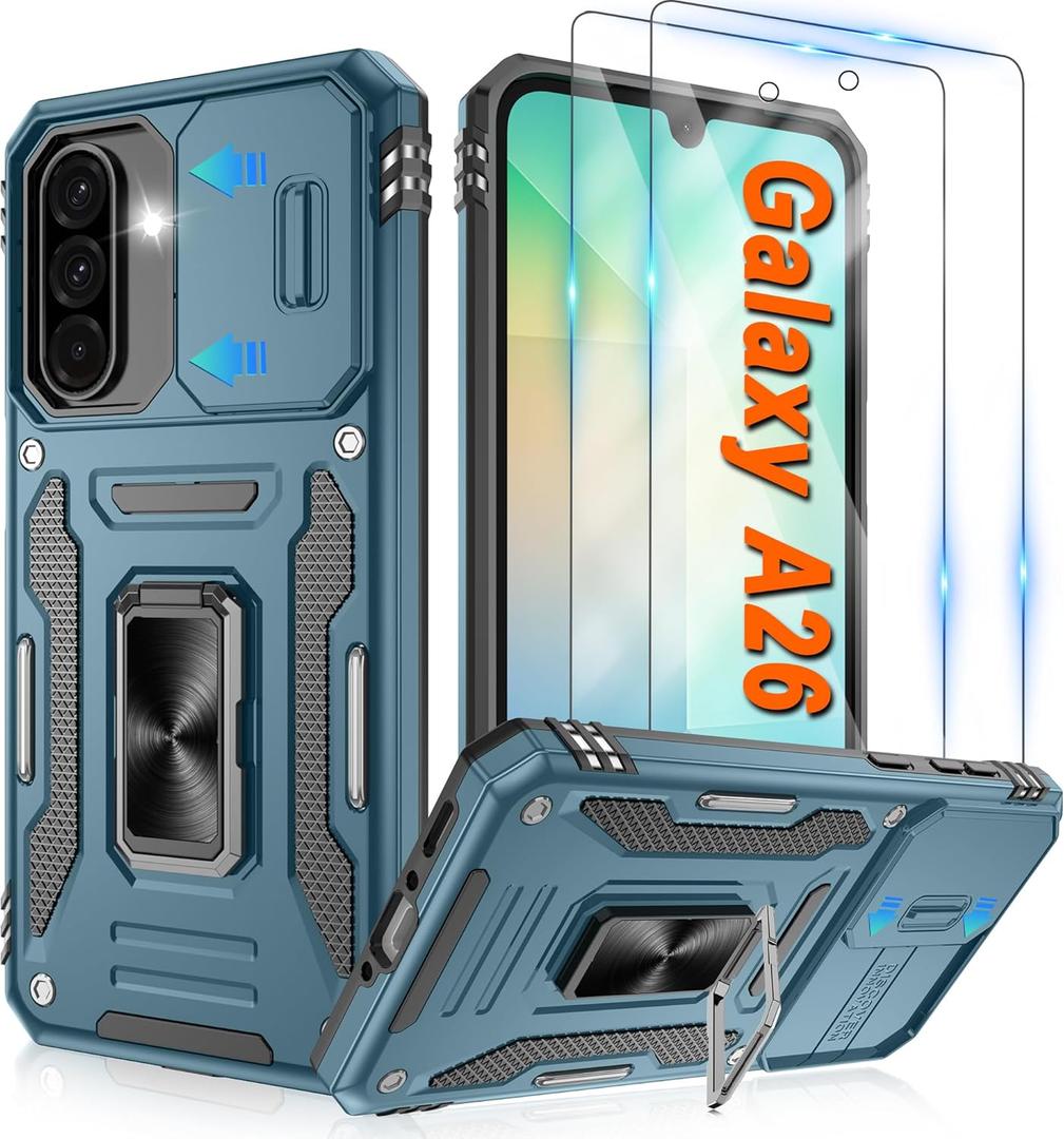 For Samsung Galaxy A26 Case with [2 Pack] HD Screen Protector & Slide Camera Cover, Rotation Ring Kickstand [Military Grade] Shockproof Protective Case for Galaxy A26 5G- Light Blue