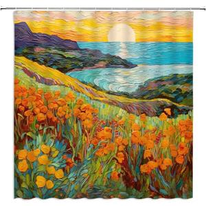 Orange Flower Shower Curtain Oil Painting Style Sunset Ocean View Green Leaf Mountain Art Spring Fabric Bathroom Decor Curtains with Hooks,70 x 70