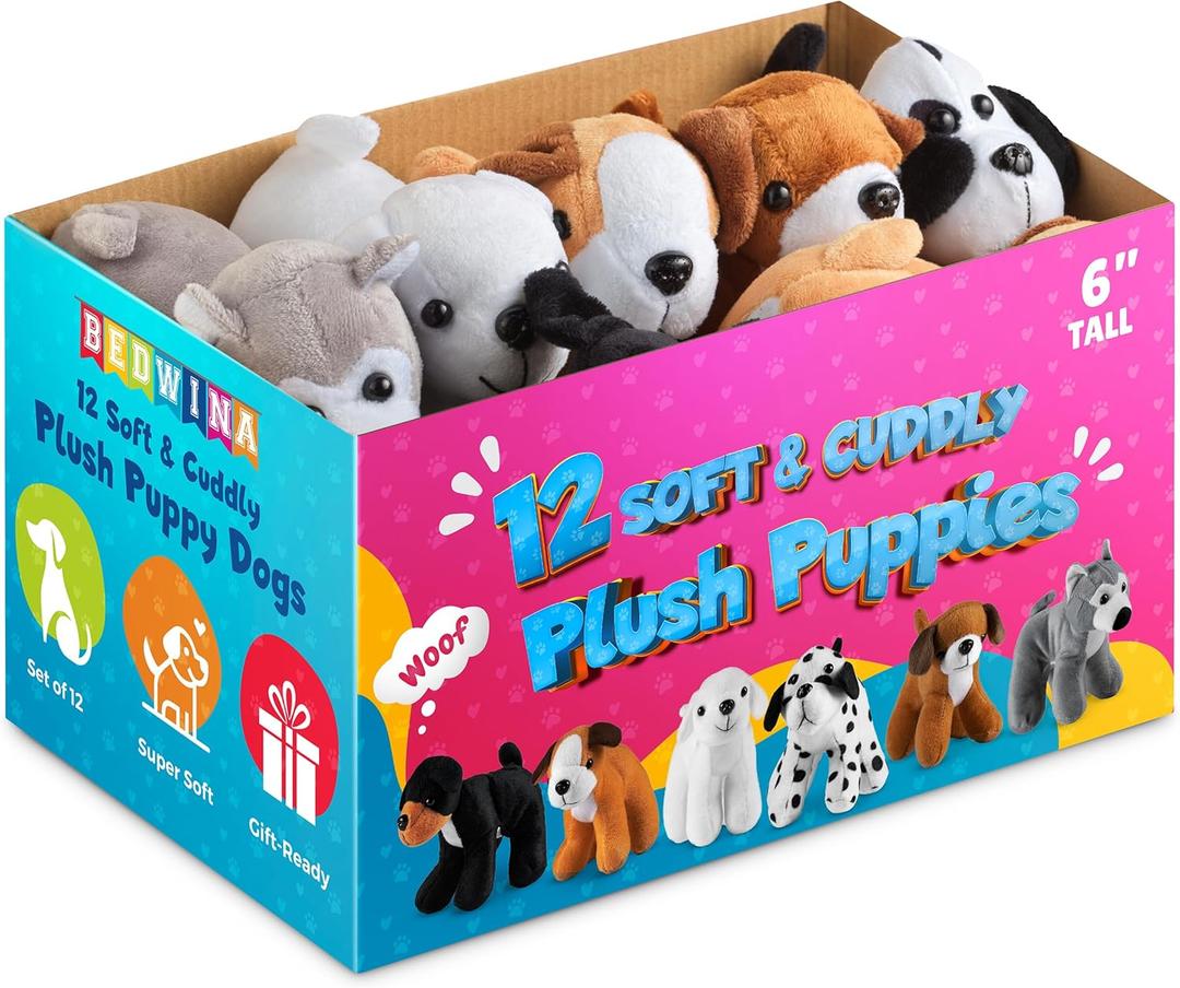 Bedwina Plush Puppy Dogs - (Pack of 12) 6 Inches Tall Stuffed Animals Bulk Assorted Puppies and Cute Stuffed Plushed Dog Puppies Assortment, Stocking Stuffers