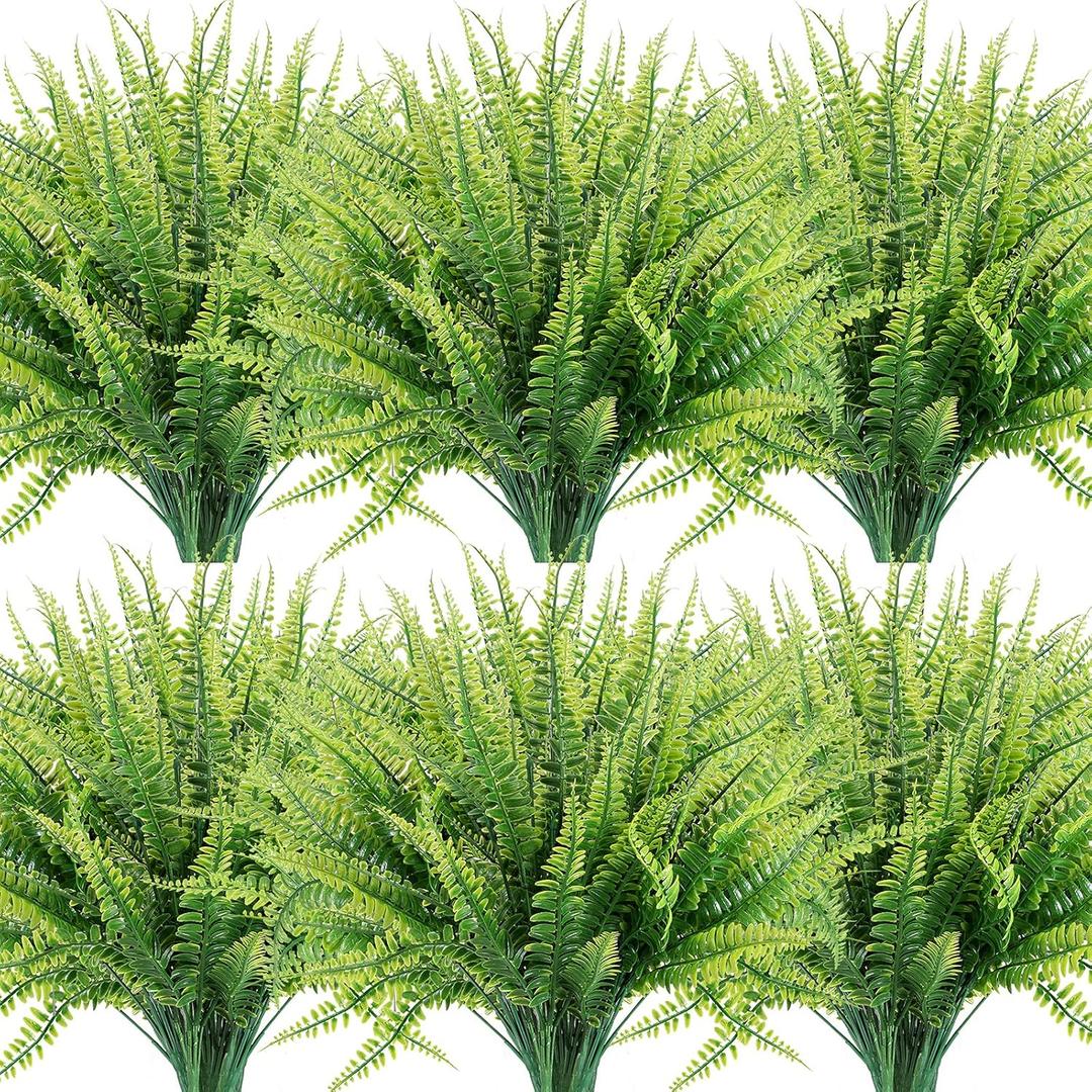 12 Bundles Artificial Plants, Fake Boston Fern Greenery Outdoor UV Resistant No Fade Faux Plastic Plants Garden Porch Window Box Decorating
