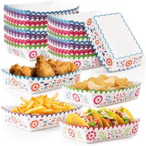 Mexican Taco Nights Food Trays - 60Pcs Mexican Flowers Wavy Edge Unassembled Tray Nacho Snack Candy Holder Disposable Paper Plate Holiday Birthday Carnival Party Supplies Food Container