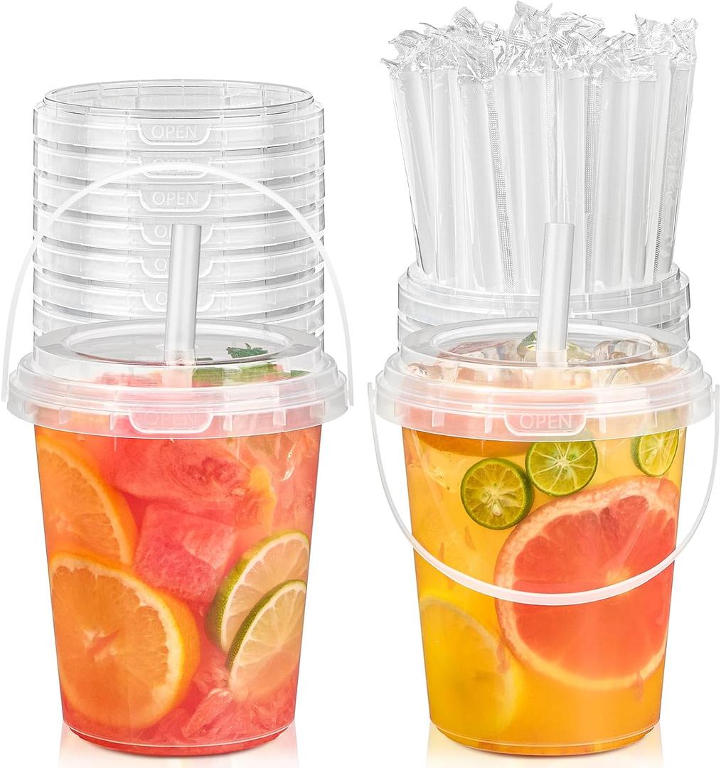 TUZAZO 15 Pack 34 oz Drink Buckets with Lids and Straws, Clear Plastic Bucket Cups with Handles for Lemonade, Smoothies, Iced Coffee Cups, Summer Beach Pool Party Supplies