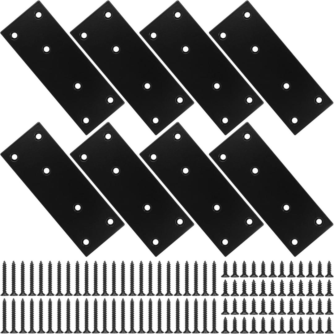 Mending Plate, Metal Steel Flat Straight Brace Bracket, Black Double-Wide Joining Plate for Wood Furniture Fastening & Fixing with 2 Sets of Screws of Different Lengths(48x128mm, 8 Pack)