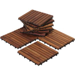 Bare Decor EZ-Floor Interlocking Flooring Tiles in Solid Teak Wood Oiled Finish (Set of 10), Long 9 Slat (10 sq ft)