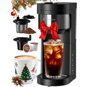 Single Serve Hot & Iced Coffee Maker, for K Cup Pod and Grounds, 6 to 24oz Brew Size, Slim Compact for Small Spaces, Descaling Reminder, with Reusable Filters, Black